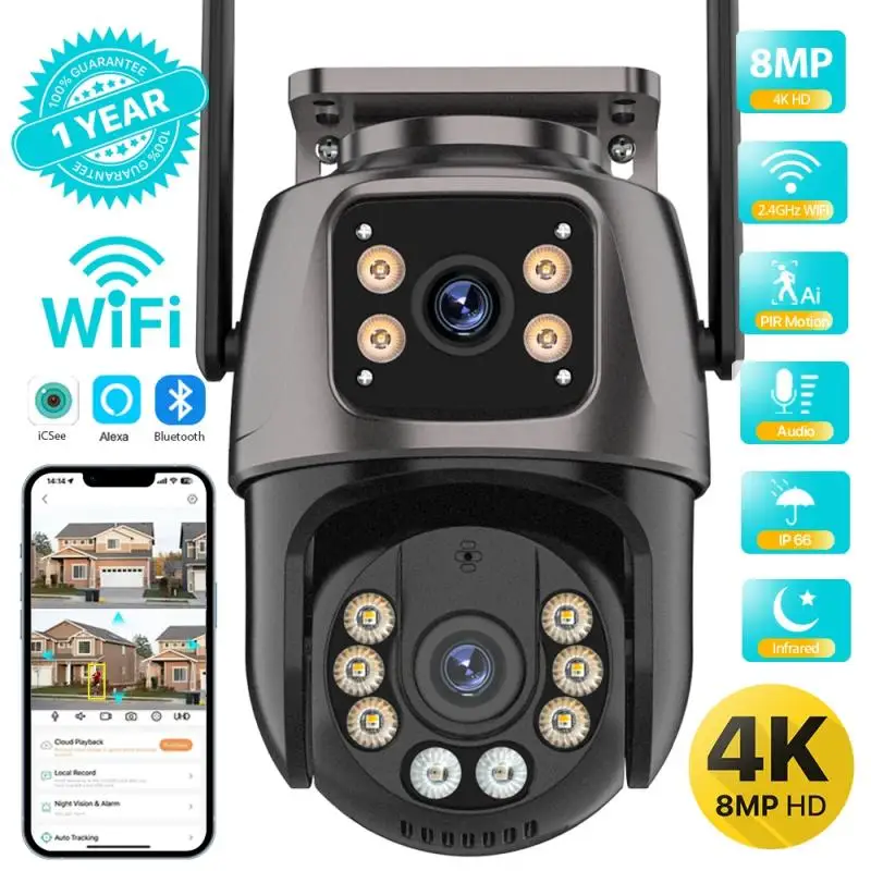 

4K 8MP HD Wifi PTZ Camera Outdoor 4MP Dual Lens Dual Screen AI Auto Tracking IP Camera CCTV Audio Video Surveillance P2P iCSee