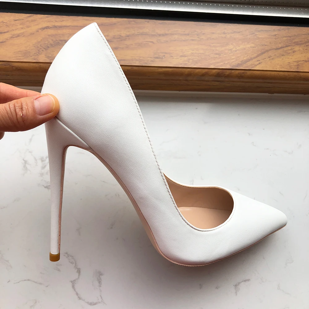 Tikicup White Matte Women Classic Style Pointy Toe High Heel Dress Shoes Elegant Ladies Slip On Stiletto Pumps 8cm 10cm 12cm