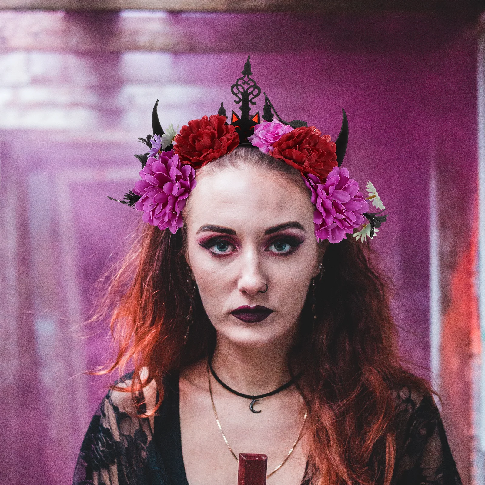 قرون عقال الهالوين مع تصميم زهرة الخفافيش للحفلات التنكرية، إكسسوار أزياء للنساء والفتيات