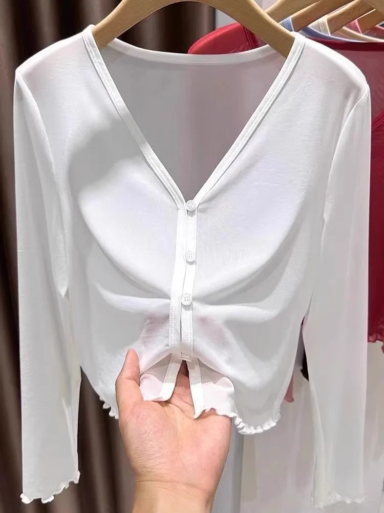 Summer Mesh Short Sleeveless Cardigan Women's Long Sleeve Sun Protection Net Shirt Thin Top Outerwear Commute Style Loose Fit