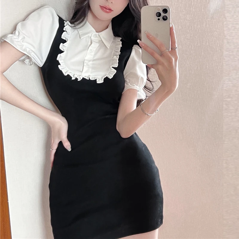 Women Sexy Ruffle Patchwork Sweet Chic Kpop Bodycon Mini Dress Summer Fashion Harajuku Y2K Short Sleeve High Waist Club Dresses