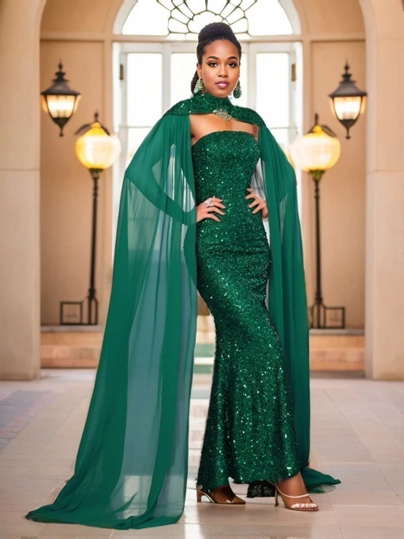 Sexy Strapless Cocktail Party Dress High Neck Chiffon Flying Sleeve Backless Sequined Elegant Evening Prom Gown Green Blue Wine