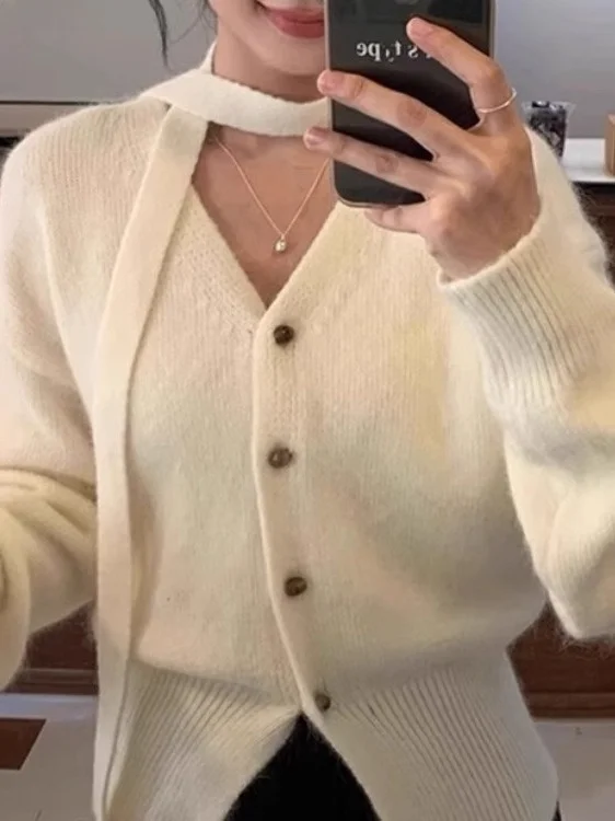 

Women's Soft Cozy V-Ne Knitted Sweater Cardigan with Sa Autumn 2025 New Lazy Sle Gentle Warm Top White Color