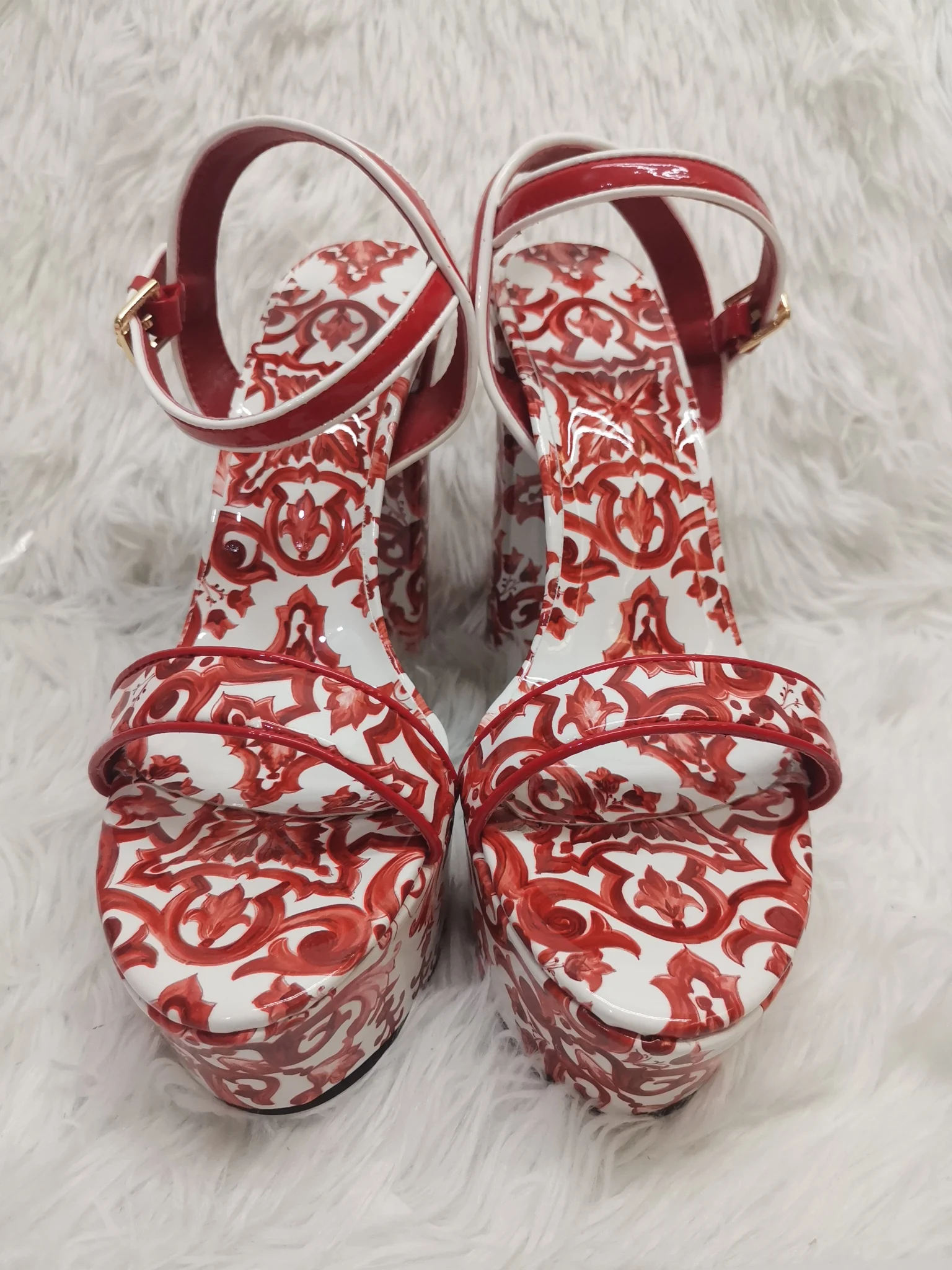 Red Print Waterproof Platform Chunky Heels Sandals for Women 14Cm Open Toe High Heels One Belt Buckle Strap Boho Vacation Shoes