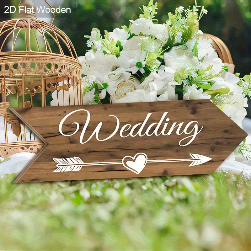 2D Flat Wooden Arrow Wedding Sign with Heart Arrow Pattern, Rustic Hanging Direction Plaque for Wedding Ceremony Decor