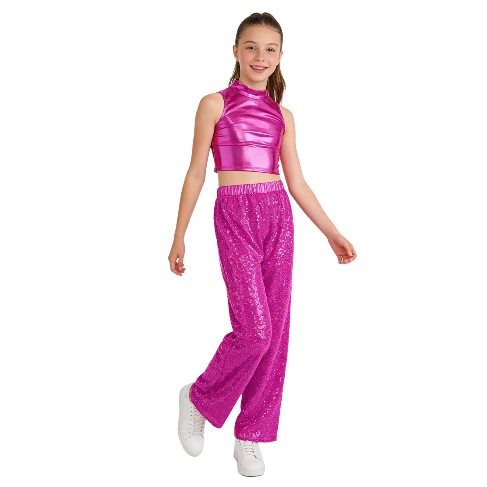 Kids Girls Jazz Modern Dance Performance Costume Outfit Sleeveless Crop Top with Sequin Pants Dance Cheerleader Street Dancewear