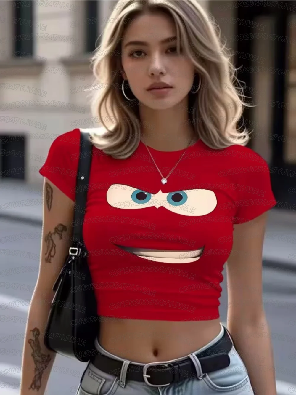 Summer Women's Men's Car Face Print Summer Graphic Tee Jerseys Sport Crop T-Shirt Round Neck Short Sleeve Crop Top Tee