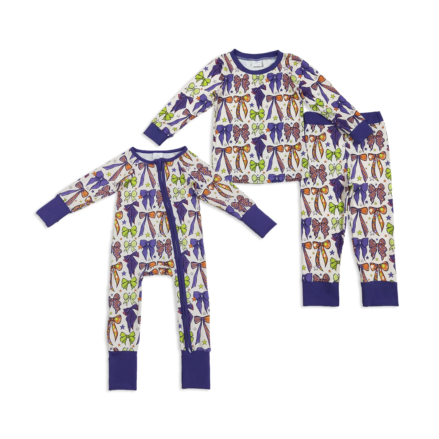 Kids Clothing Sibling Girls Pajamas Sets Baby Girls Clothes Children Outfits Purple Bows Stars Boutique Zipper Footie Romper