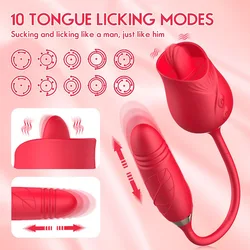 Rose Sex Toys Dildo Thrusting Vibrator for Women Clitoris Stimulator Tongue Licking Stretching Adults Goods Vagina Balls Female