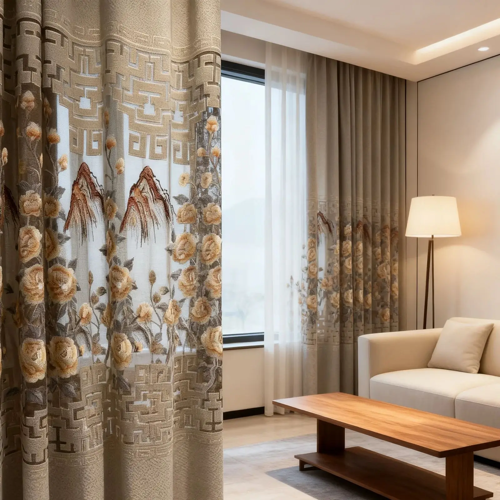Landscape Embroidery Flannelette Hollow Curtains Chinese High-end  For Living Room Bedroom Villa French Window Customization