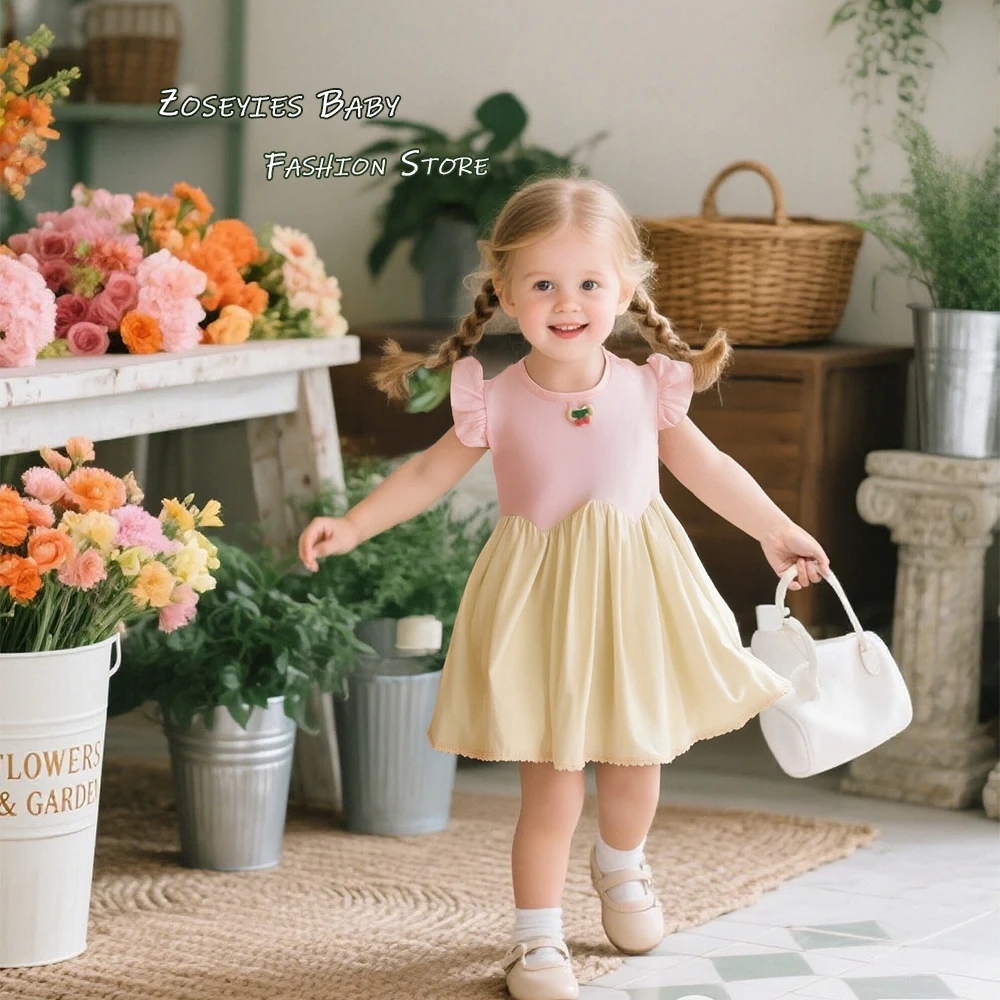 

Платье для маленьких девочек, летнее хлопковое платье с цветными блоками вишневого цвета для девочек, милое пляжное платье с рукавами-крылышками для девочек с сумкой