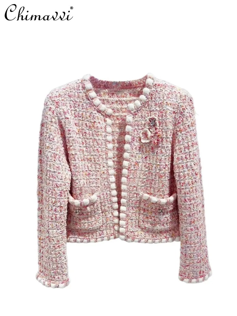 Chaqueta de Tweed tridimensional para mujer, industria pesada, taladro de uñas, atmósfera de flor de melocotón, Top para mujer 2024