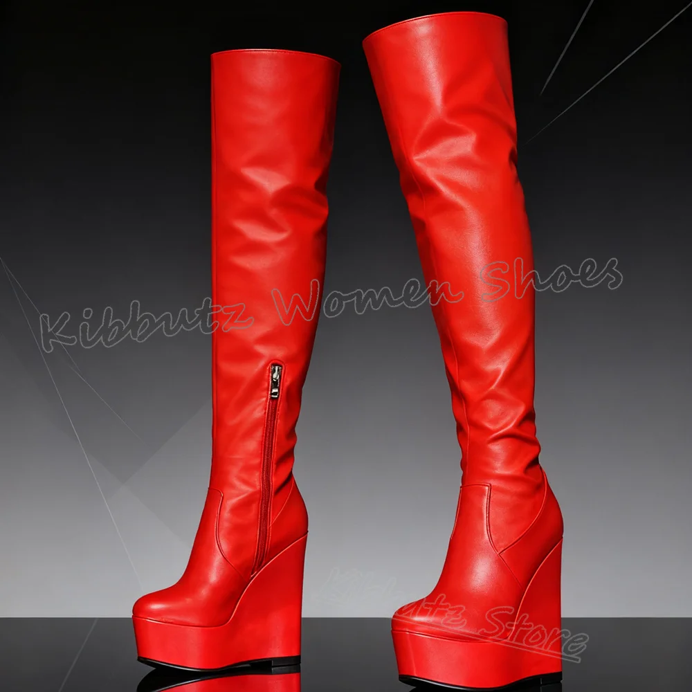 

Knee High Boots Platform Wedges Side Zipper Fashion Spicy Girls Shoes Novelty Sexy Elegant Solid Color Leather Round Toe Concise