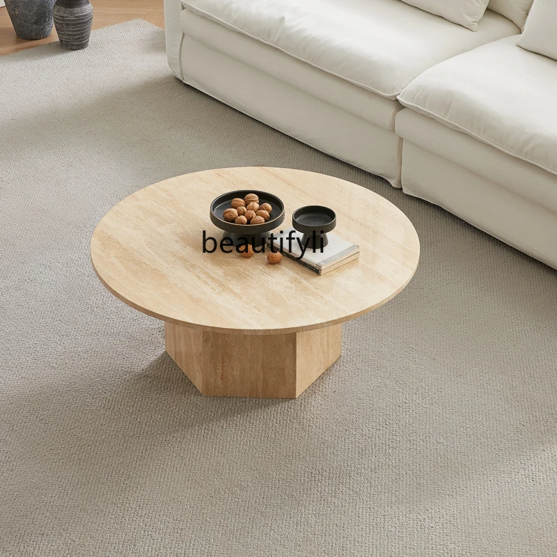 

Travertine coffee table, natural marble, retro wabi-sabi style, high-end tea round table, living room, new model