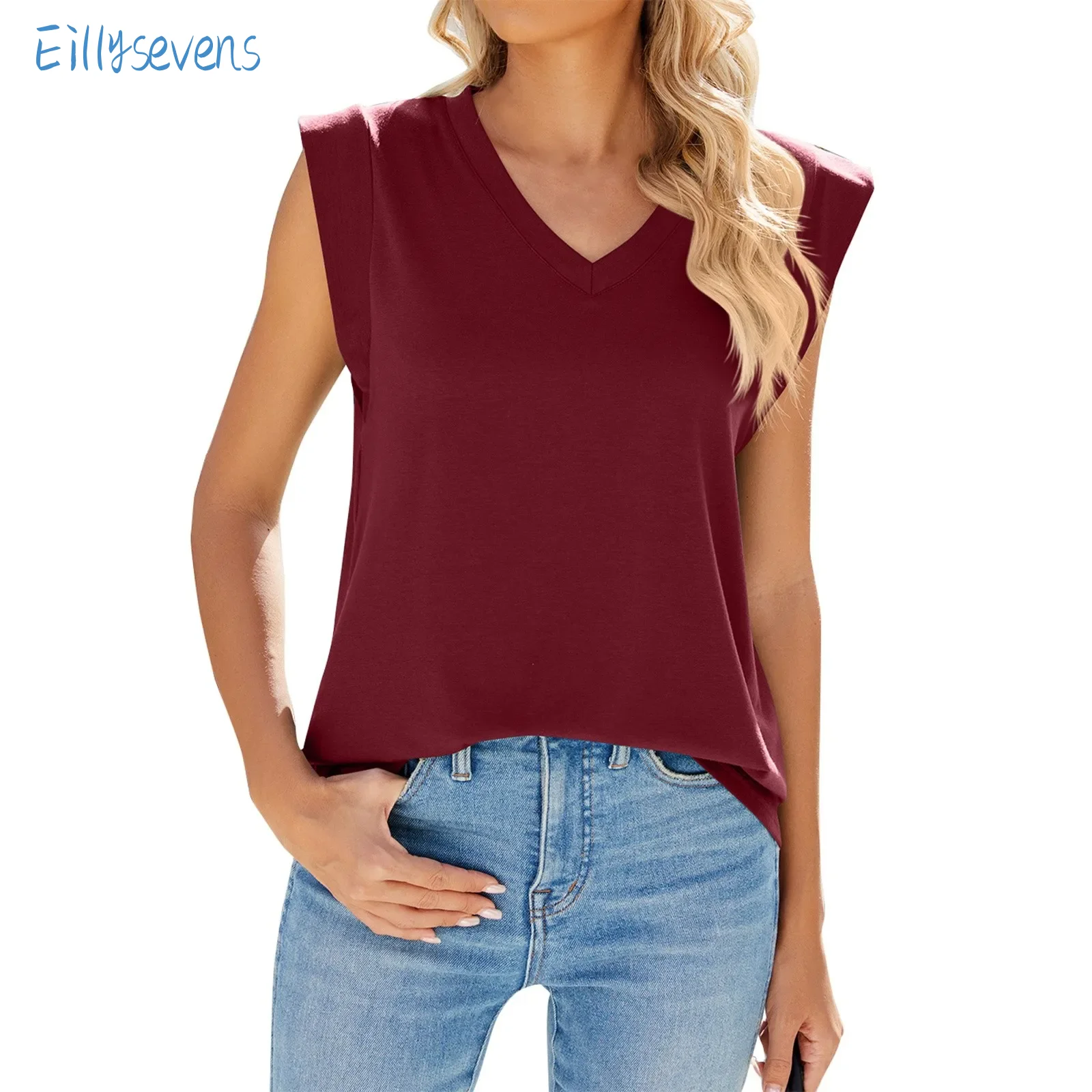 Women'S Summer Sleeveless Tank Tops Fashion Covered Shoulder Cuffs V-Neck Tops Casual Simple Solid Color All-Match Vest