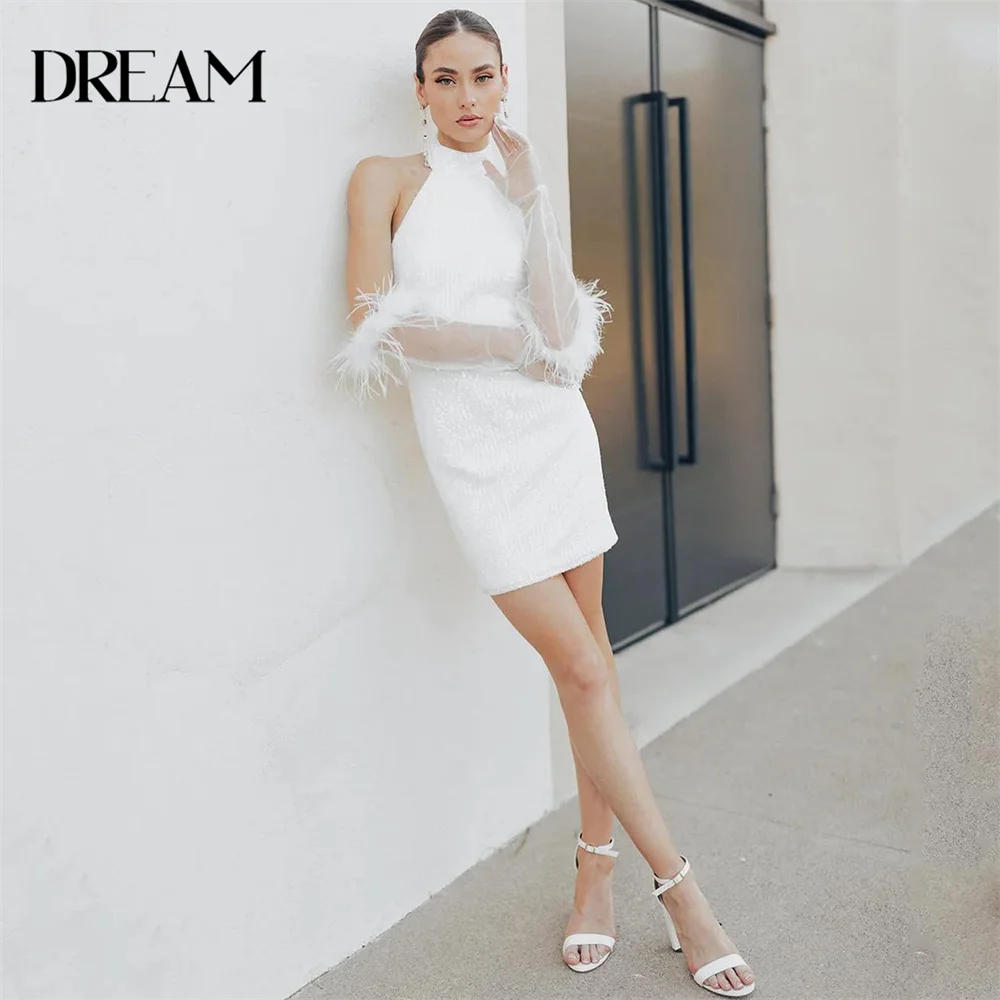 Eleagnt Sequined Short Wedding Dresses Women 2025 Halter Open Back Sleeveless Simple Bridal Gown Vestidos De Novia Customized