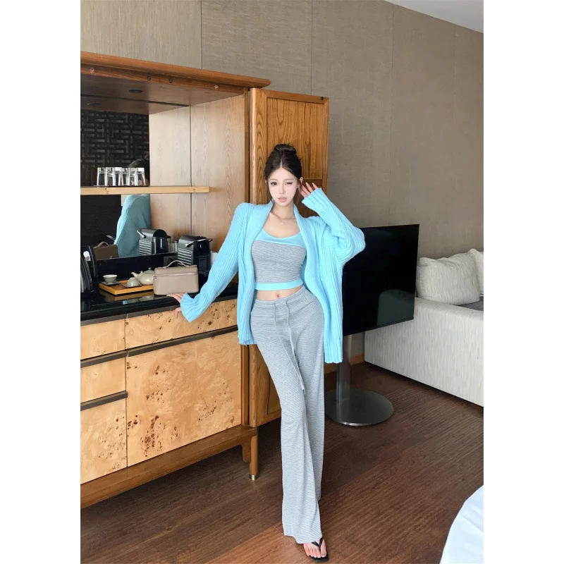 

Women's Autumn and Winter Ribbed Knit Long-sleeve Thick Coat with A Striped Vest Inner Layer and Drawstring Drapey Pants Set