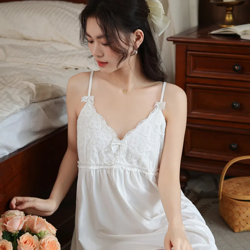 Women Summer Spaghetti Strap Nightdress Sexy Lace V-Neck Embroidery Nightie Loose Design Knee-Length Short Sleeveless Nightgowns