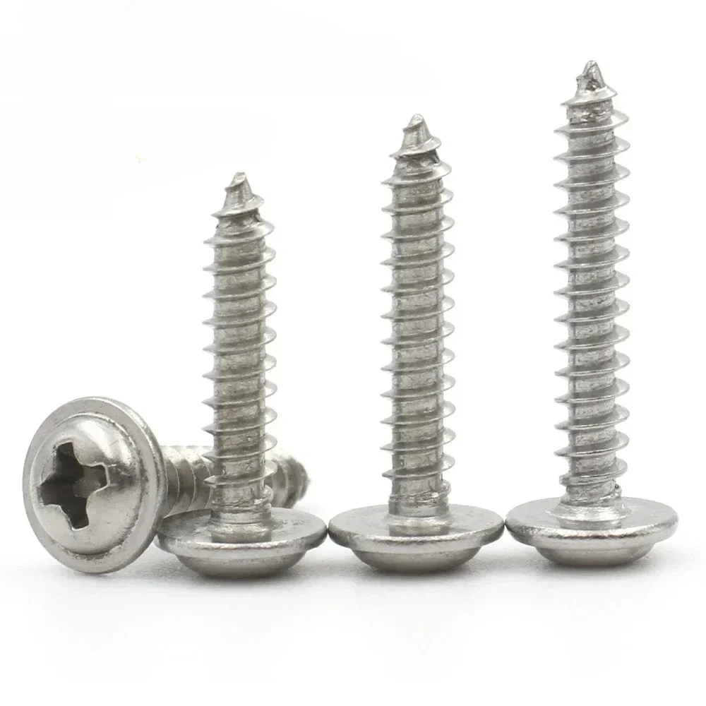 50PCS Autoroscuing M2 M2.2 M2.6 M3 M4 M5 304 Stainless Steel Phillips Cross Pan Round Head with Washer Self-Tapping Screw Btr