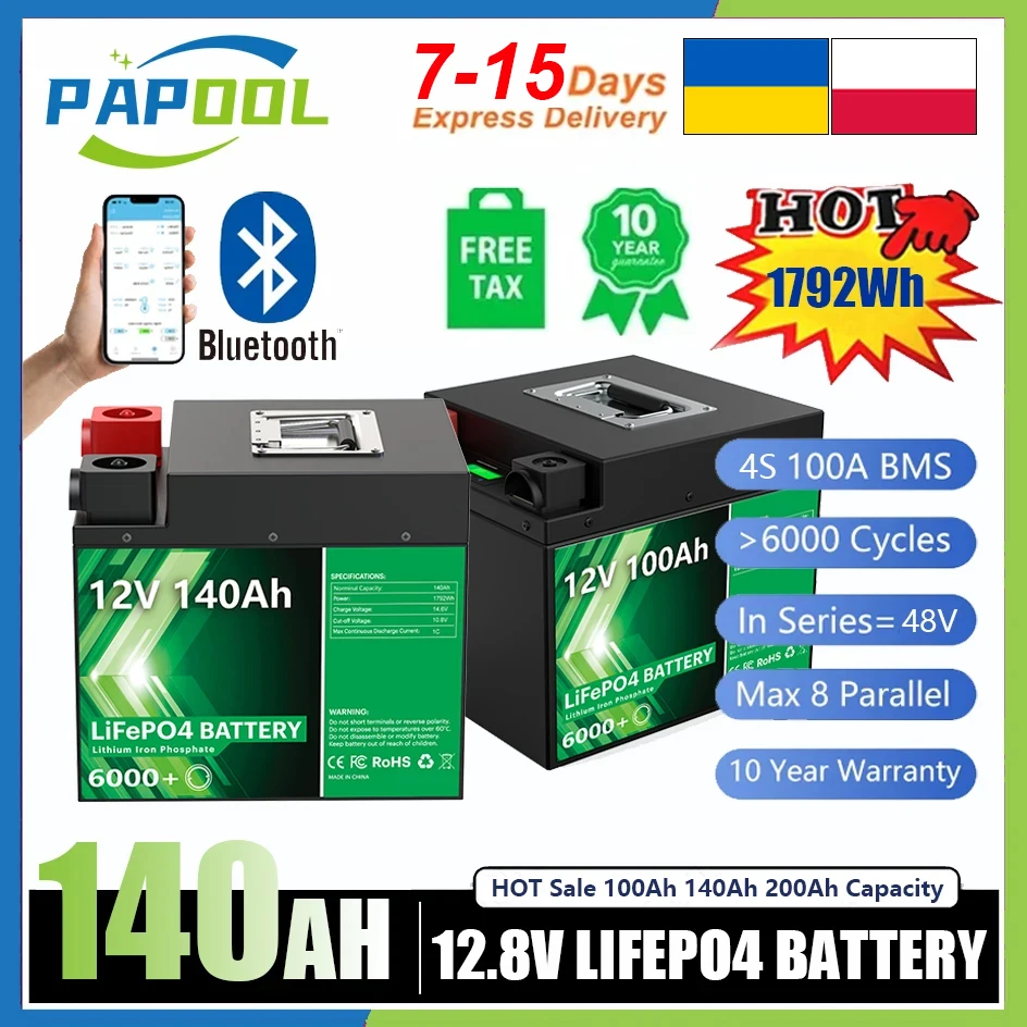 LiFePO4 Battery 12V 140Ah 1792Wh Bluetooth 6000 Cycle 4S BMS Grade A 100Ah 200Ah 24V lithium Pack For RV Boat Solar EU UA NO TAX