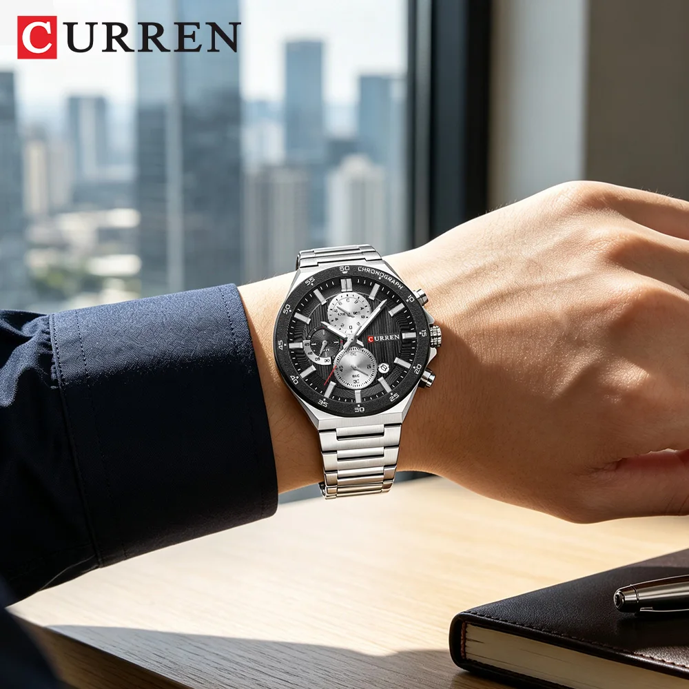 CURREN Fashion Men Chronograph Watch with Black Dial Stainless Steel Bracelet Sport Quartz Wristwatch for Daily Wear Luminous