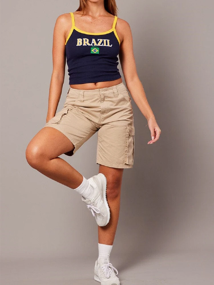 

Ins summer women's Y2K Brazilian letter embroidered vest printed round neck crop top with exposed navel for spicy girls