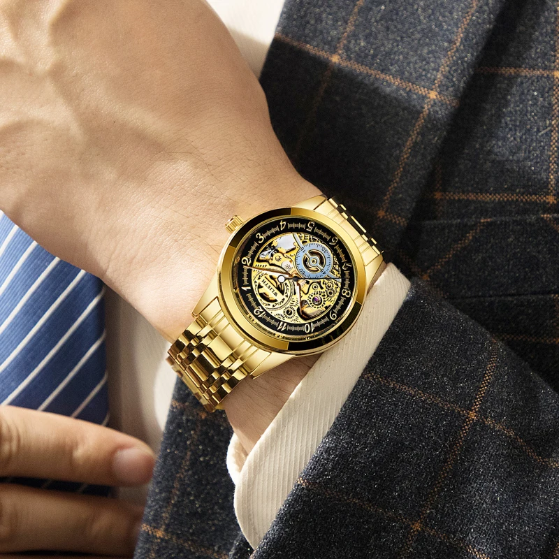 Jam Tangan Pria Mekanik Otomatis Gold Skeleton Jam Tangan Otomatis Emas untuk Pria Jam Tangan Mekanik Tali Baja Jam Tangan Otomatis