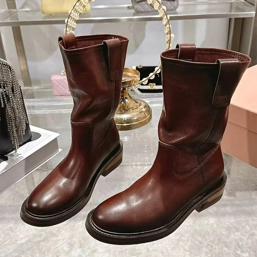 Designer Womens Shoes Retro Leather Mid Calf Boots Round Toe Block Low Heel Casual Riding Botties Motorcycle Flats Biker Soft