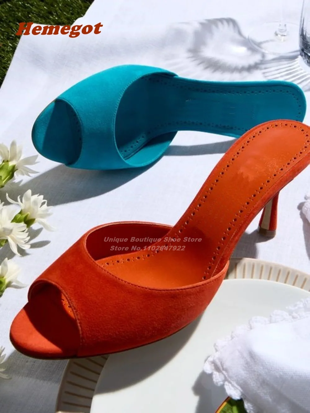 

Suede Stiletto Heels Slippers Orange Peep Toe Slip On Summer Luxury Party Shoes Outside Plus Size 46 2024 New Solid Sewing Sexy