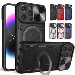 Case For iPhone 16 15 14 13 12 11 Pro Max XR XS Plus Magnetic Camera Slide Protector Ring 360 Rotate Kickstand Shockproof Cover