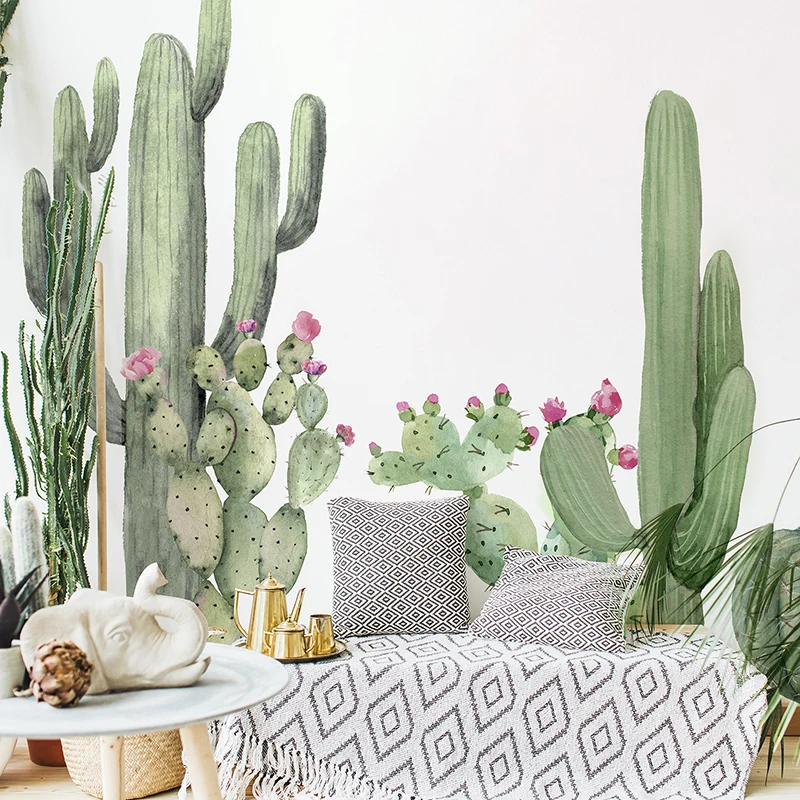 

Large Boho Cactus Garden Wall Murals Peel and Stick Self-Adhesive Giant Prickly Pear Fabric Wall Stickers for Living Room Decor