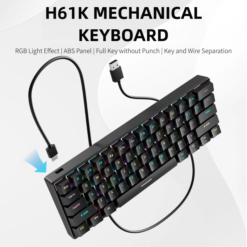 

H61K USB-Type C Wired Mechanical Keyboard Red Switch RGB Backlit 61 Keys English Spanish Wired Keyboard for Game Office