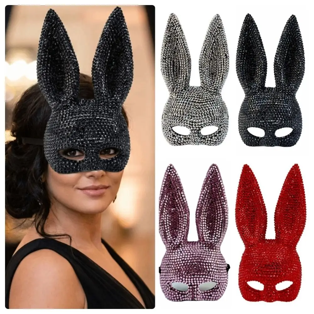 Crystal Studded Bunny Half Face Mask Full Acrylic Rhinestone Photo Shoots Rabbit Ear Mask Glitter Mask Party and Cosplay