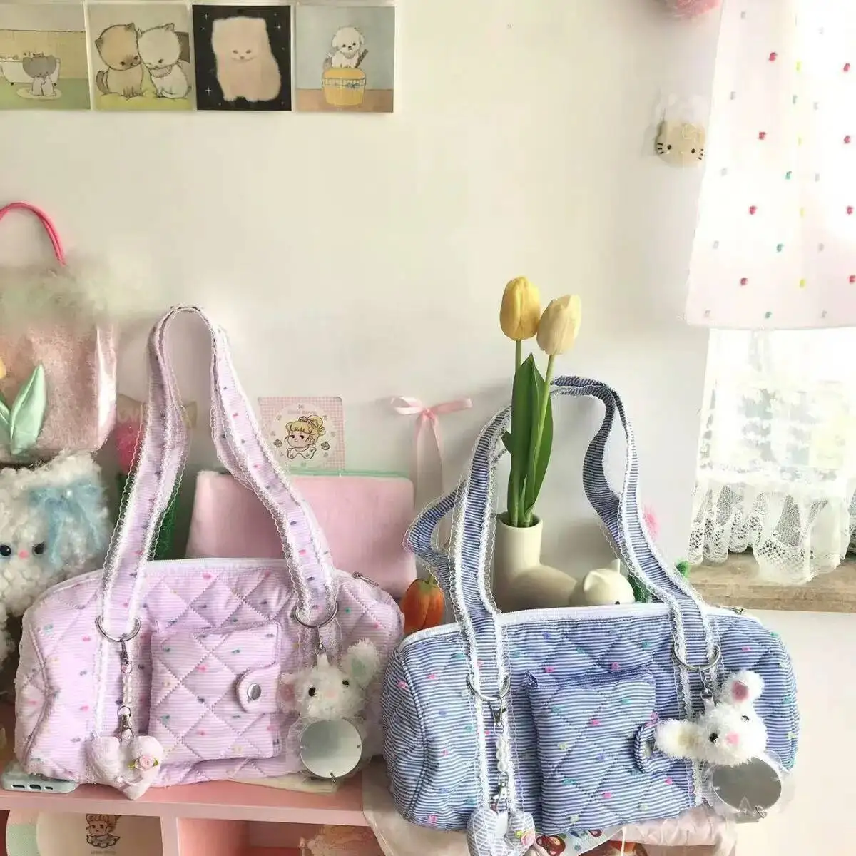 Bloom Candy Dot Canvas Y2k Handbag Wallets Women Versatile Pocket Casual Underarm Bag Female Haruku Aesthetic Shoulder Bags