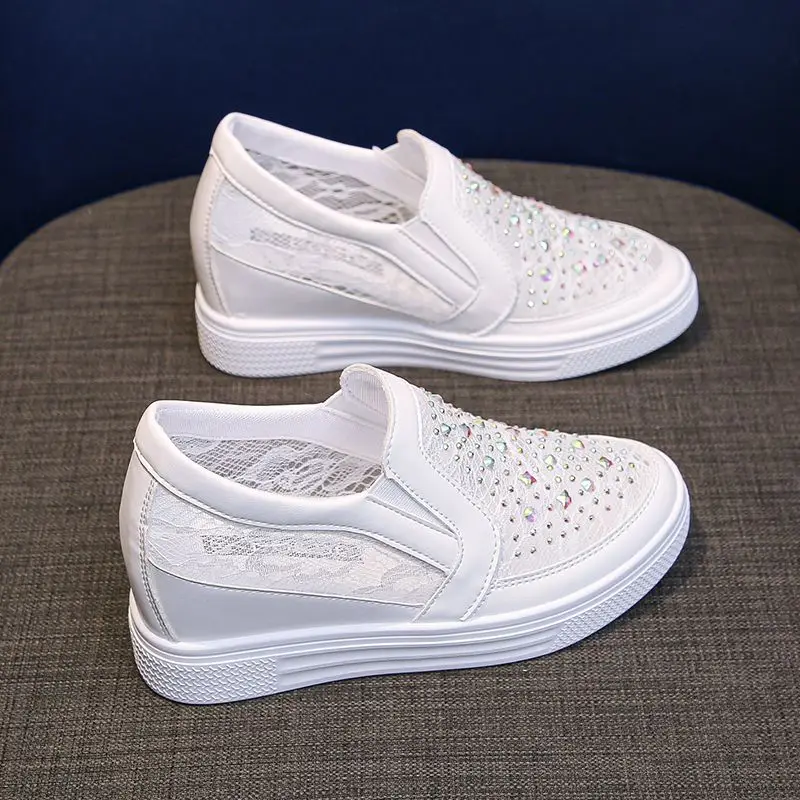 

2025 Summer Women Slip On Height Boost Mesh Shoes Breathable Openwork Wedge Heel Lazy White Sneakers
