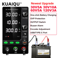 KUAIQU Newest Battery Charging Adjustable DC Power Supply 30V 10A 60V 120V 3A OCP, Encoder Knob, Preset Current OUTPUT USB-C /A