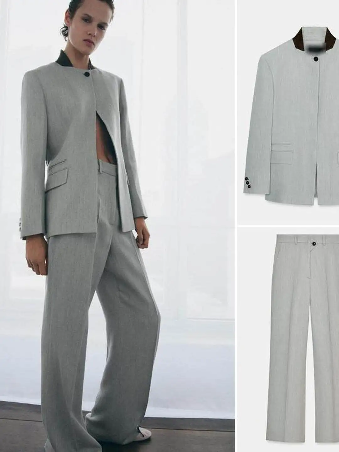 Spring 2026 New Long Sleeve Color Block Collar Suit Jacket Women's High Waist Flared Pants Pure Linen Fabric Office Wear