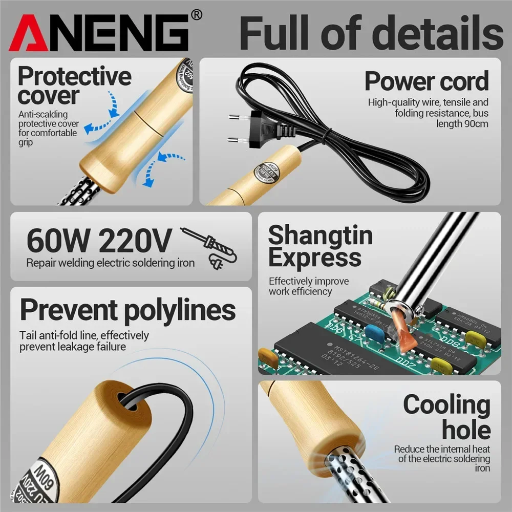 

ANENG SL501/SL502 Stainless Steel Pipe Sleeve Soldering Iron Weld Copper Tip with Wooden Handle Rework Station Tester Home Tools