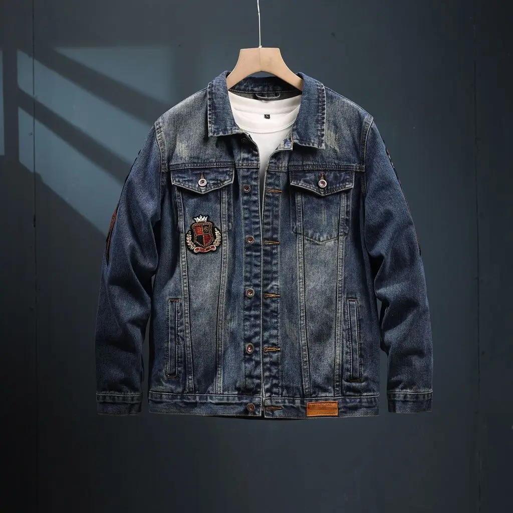 Herren-Jeansjacke mit Umlegekragen für Frühling und Herbst, Mantel im amerikanischen Stil mit glänzender Paillettenstickerei