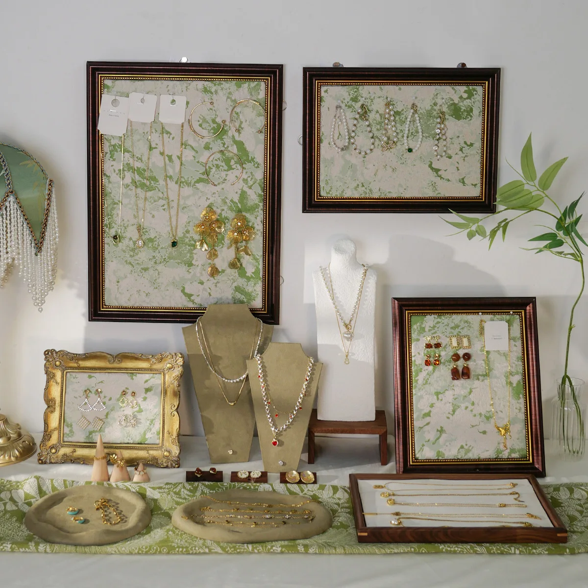 Green Wall Jewelry Display - Photo Frame Style Organizer with Necklace Mannequin for Earrings and Rings Store Presentation