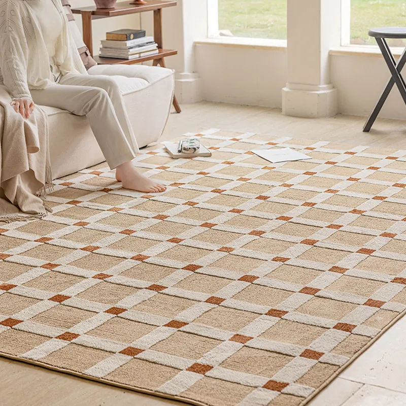 French Style Living Room Retro Carpet Cream Style Light Luxury Floor Area Rug Simple Plaid Sofa Coffee Table Floor Mat Bedroom