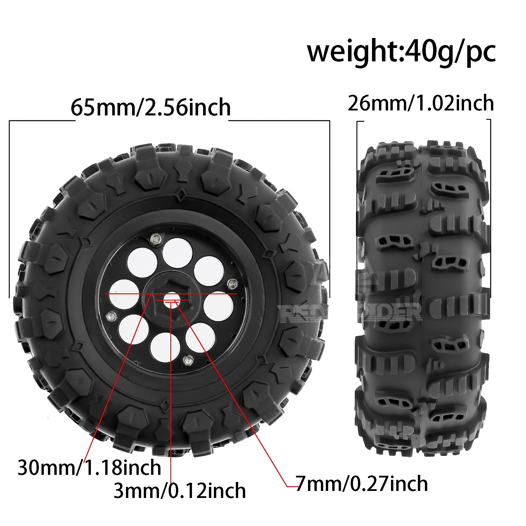 Conjunto de pneus de borracha e rodas de metal de 1,3 polegadas para crawler 1/18 TRX4M SCX24 FMS, 4 peças de pele de pneu atualizada com aro de roda para Rock C