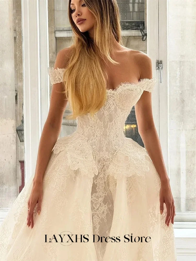 LAYXHS エレガントなウェディングドレス オフショルダー レース ノースリーブ パール フロアレングス ブライダルドレス カスタマイズ hochzeitspartykleid