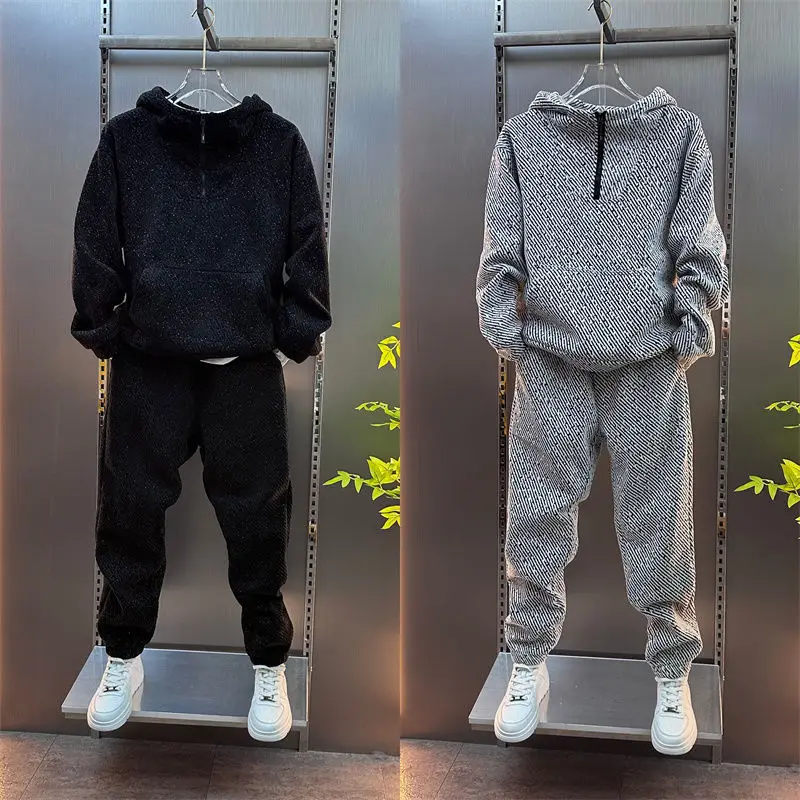 

Spring Autumn New Hooded Casual Sportswear Set Men Faionable Loose Haome Patchwork Sweatirt Long Pants Two Piece Set