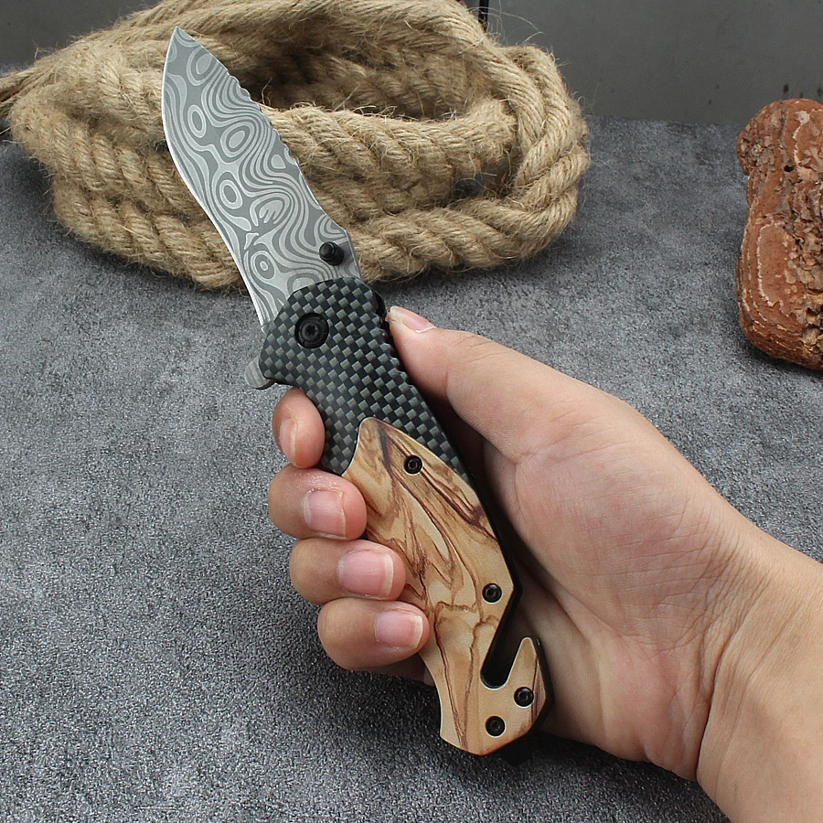 Multi-purpose Portable Damascus Pattern Pocket Knife Stainless Steel Folding Knife Outdoor Knife Camping Survival High Hardness