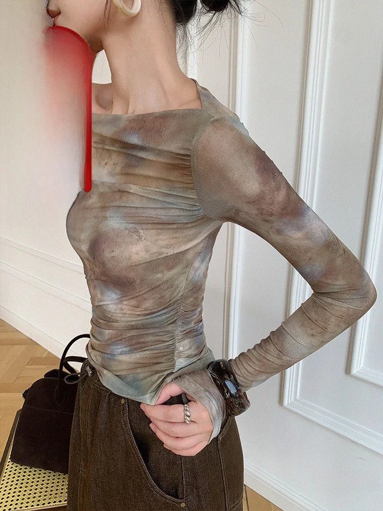 

JWUNIQUE Women's Long Sve Tie Dye One oulder T-irt Slim Fit Base irt Top Commute Sle Autumn Season Polyester Spandex