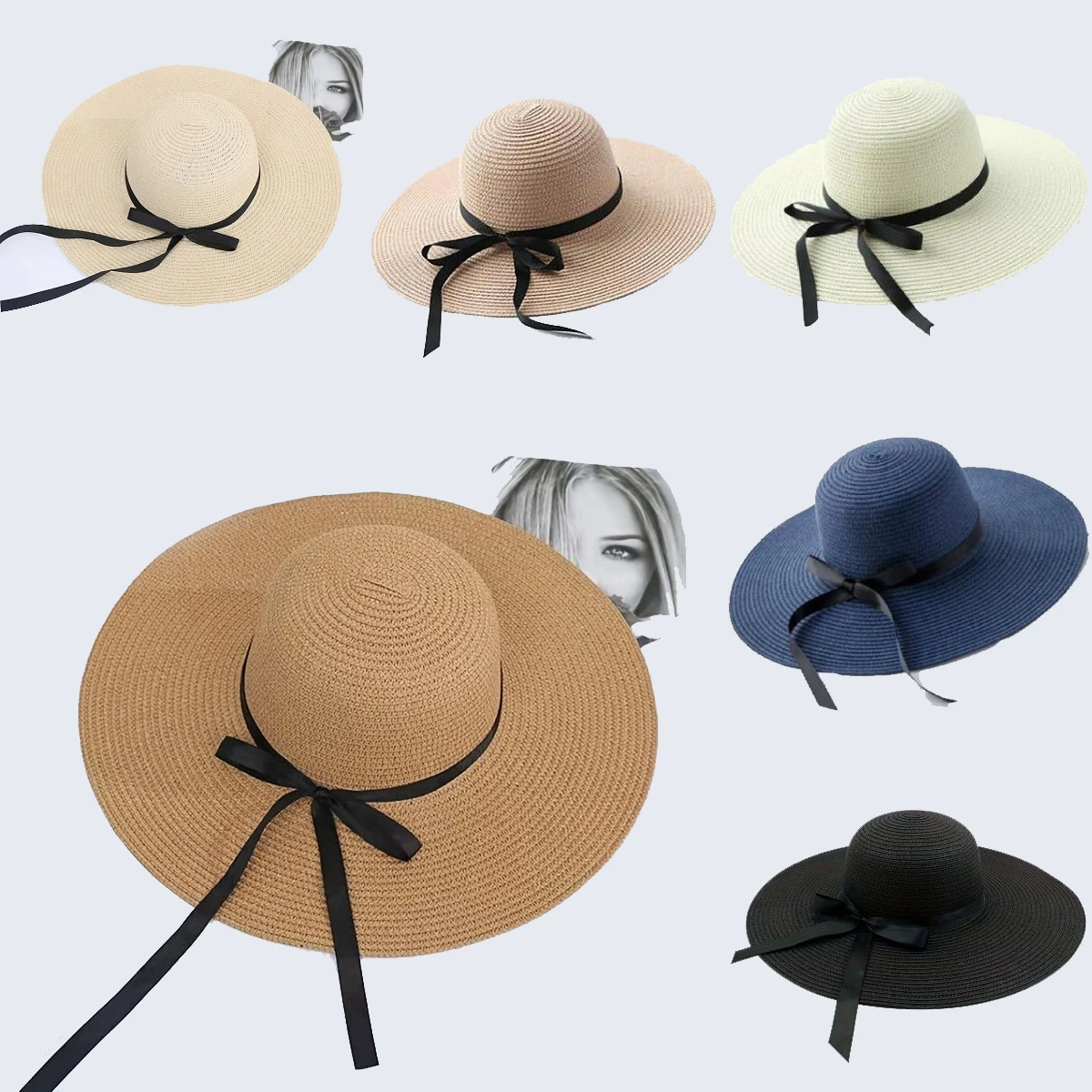 Large Eave Sunscreen Foldable Sun Hat Black Bow Tie Dge Beach Hat Outdoor Seaside Vacation Fashionable Beach Hat for Woman