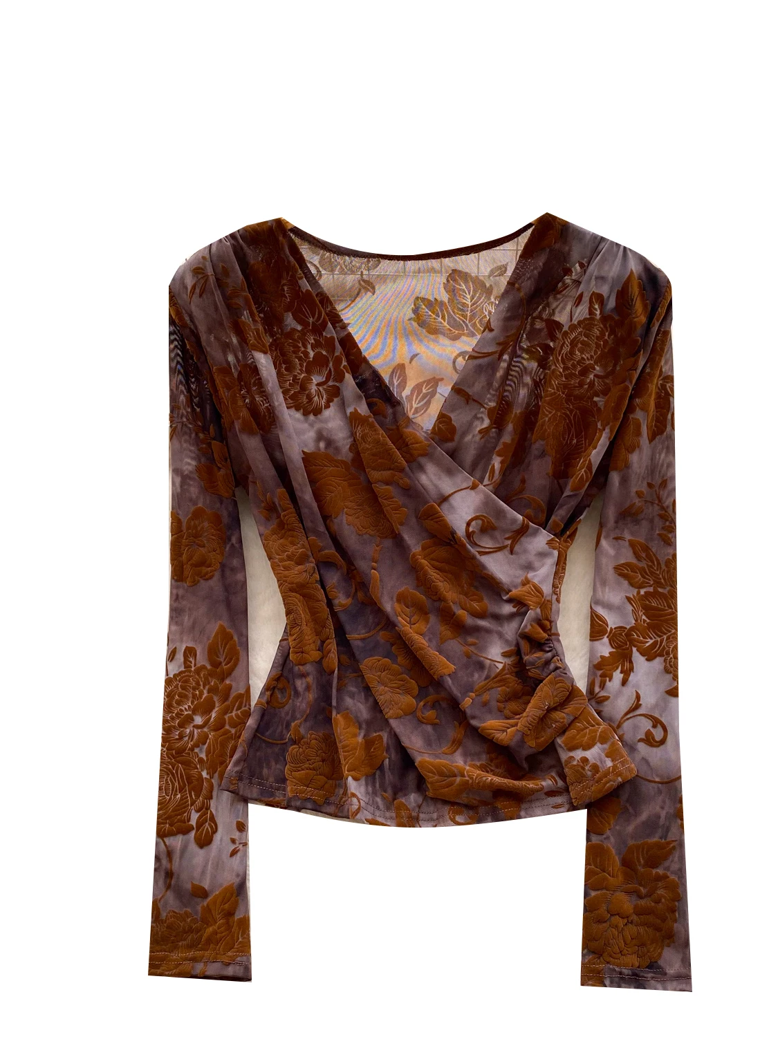 เสื้อยืดแขนยาวผ้ากำมะหยี่ลายวอเตอร์มาร์คสไตล์เรโทร ทรงวี คอวี ทรงเข้ารูป เหมาะสำหรับใส่เป็นเสื้อตัวใน สำหรับสาวๆ วัยรุ่น สไตล์เกาหลี แฟชั่นเกาหลี