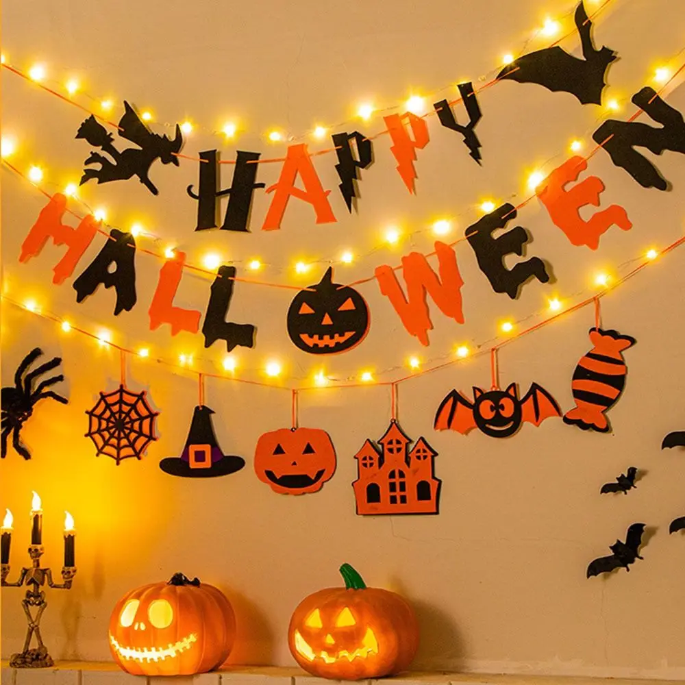 Creative Halloween Hanging Banner Halloween Flag DIY Party Banner String Light Decorative Lights Reusable Halloween Decorations