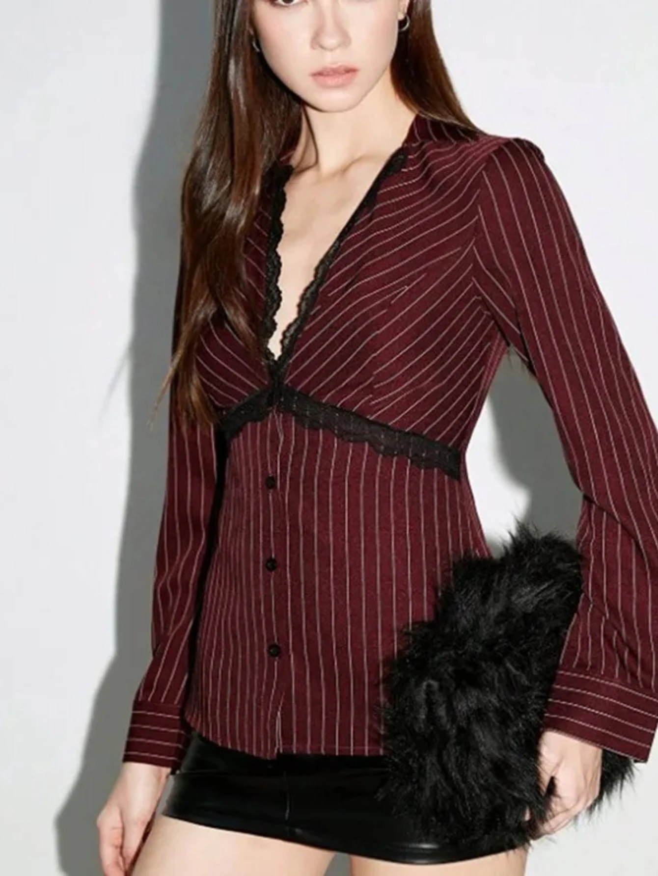

Autumn Slim Shirts Blouses Blouse For Woman Top V-link Long Sleeves Slim Striped Fashion Lace Temperament Casual Commuting